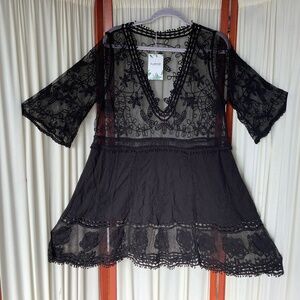 Womens Black Lace Swimsuit Coverup Embroidered V-Neck Eomenie NWT One Size